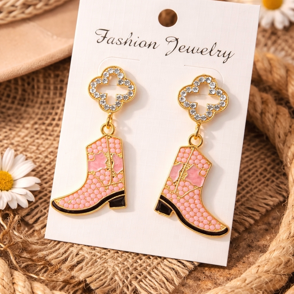 Pink Cowgirl Boot Clover Dangle Earrings Rhinestone